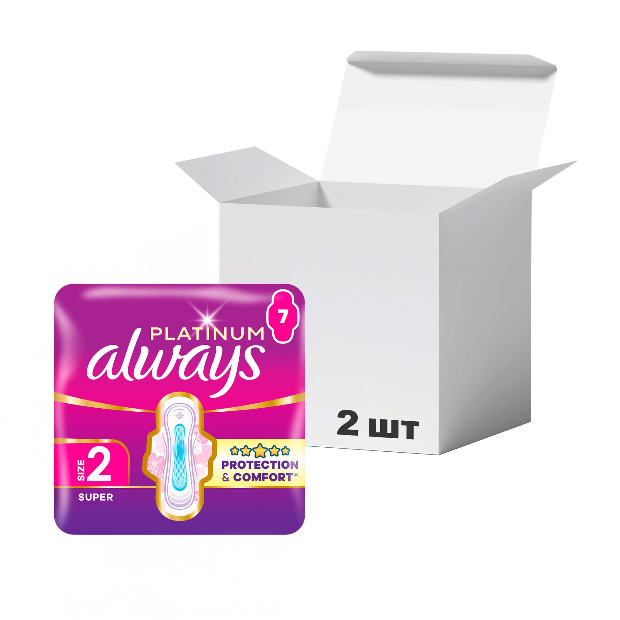 Упаковка гігієнічних прокладок Always Platinum Super розмір 2, 7 шт * 2 шт