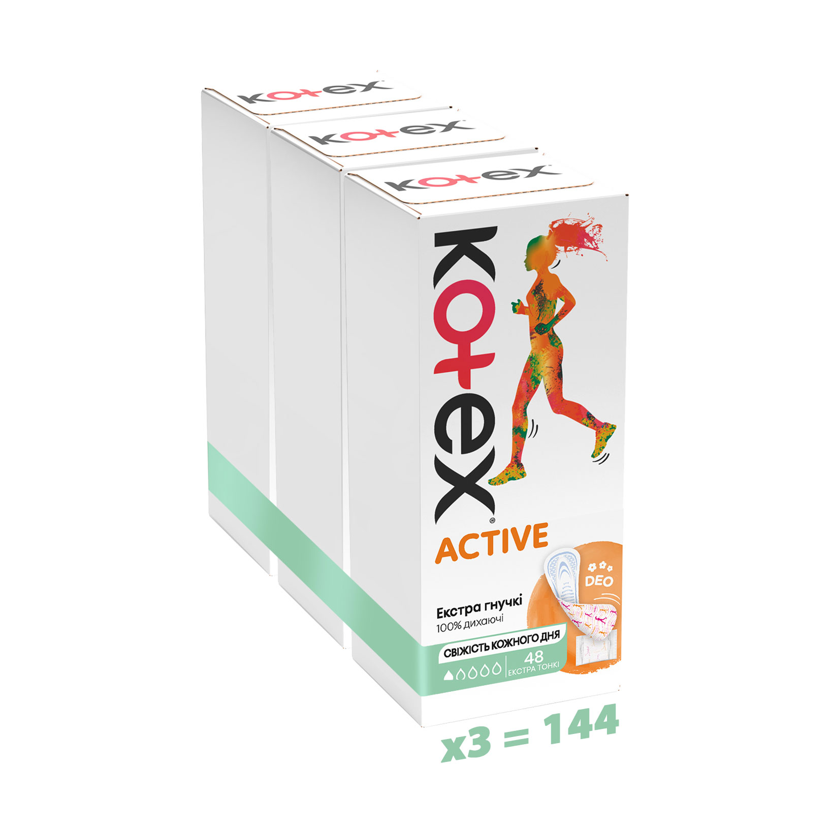 Упаковка щоденних гігієнічних прокладок Kotex Active Deo екстратонкі, 48 шт * 3 шт